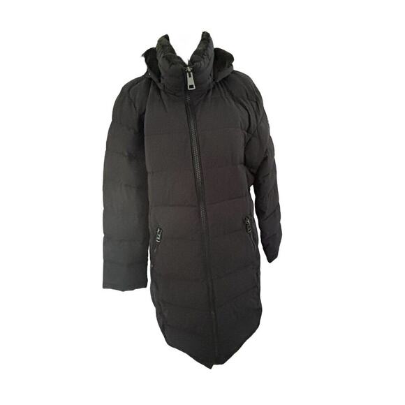 ANDREW MARC Sz XXL Black Puffer Jacket w/ Bib Faux Fur Collar Hood Stretch Sides - Picture 5 of 7